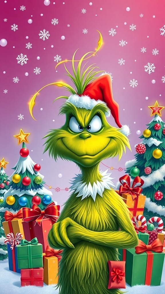 A whimsical Grinch Christmas wallpaper with the Grinch, Christmas trees, and festive decorations.